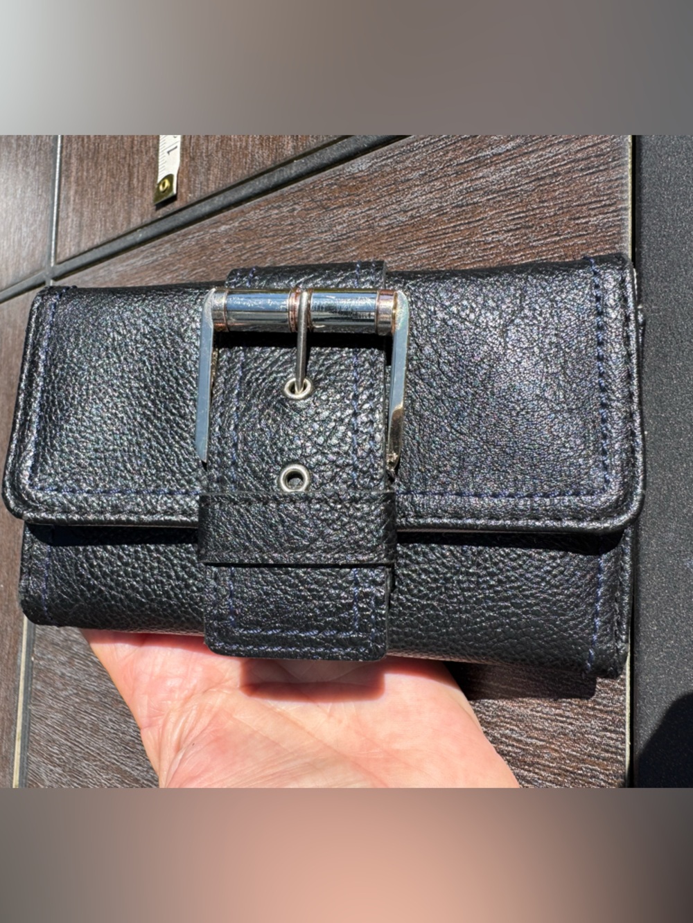 Liz Claiborne Black Pebble Leather Wallet with Buckle Accent